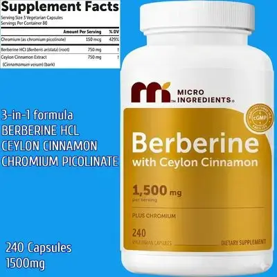 Berberine HCl, with Ceylon Cinnamon, Berberine Supplement with Ceylon Cinnamon & Chromium, Ceylon Cinnamon, Chromium Picolinate, Berberine, 240 Caps berberine