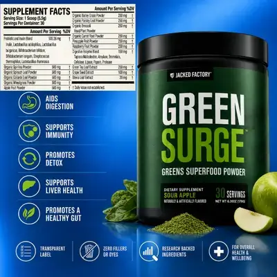 Jacked Factory, Green Superfood Powder, Super Greens, Keto Friendly Greens Drink, Spirulina, Wheat & Barley Grass, Organic Greens, Green Tea Extract, Probiotics, Digestive Enzymes, Sour Apple, 30 Servings, 171g Super Greens 