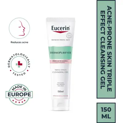 جل التنظيف ديرمو بيوريفايير ثلاثي التأثير من يوسيرين 150 مل/// clinically tested cleansing gel with 2% Salicylic Acid. Formulated to reduce blemishes, post-acne marks and shine.