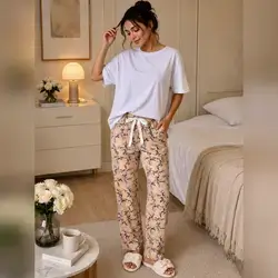 SHEIN LEISURE 2pcs Floral print Solid Color Pajama Set - Large
