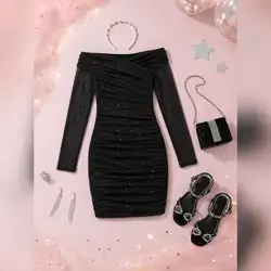 Girlism Tween Girl Black Off-Shoulder Glitter Ruched Dress - 10 Years