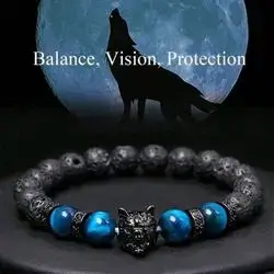 Men's Wolf Head Bracelet, Natural Stone Blue Tiger's Eye