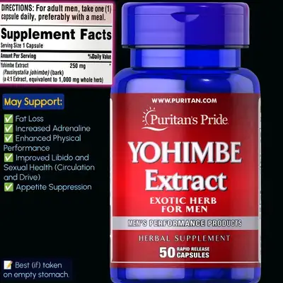 Yohimbe extract Exotic, 250 mg (1000mg Equivalent), Sex Drive & Libido, Burn fat, Enhance Athletic Performance, Erectile dysfunction, Appetite Suppressant, Yohimbine, 50 Caps Yohimbe