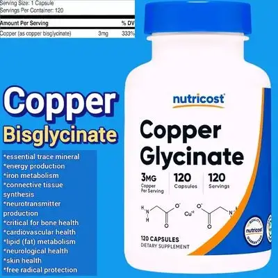 Nutricost, Copper Bisglycinate, copper, essential trace mineral, melanin production, gray hair, tan, iron balance, bones, skin health, copper Glycinate, 120 Caps copper 