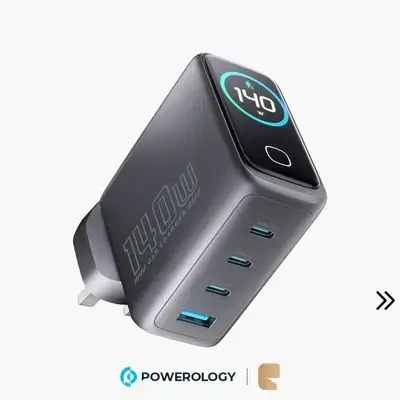 Powerology VoltFlow GaN Wall Charger 140W Ultra-Fast PD Charging & Multi-Port Output