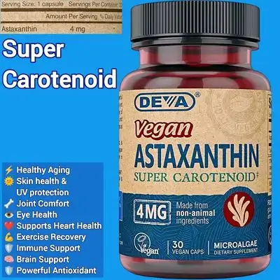 Astaxanthin, 4mg, Vegan, Super Anti-Oxidant Protection for Skin, Eyes, Joints & Inflammation from Non-GMO Haematococcus Pluvialis Microalgae, 30 Capsules Astaxanthin