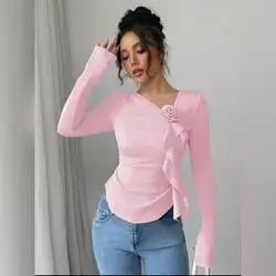 Elenzga Women's Minimalist 3D Floral Decor Long Sleeve T-Shirt - XL