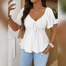 SHEIN Frenchy Plus Size Women V-Neck White T-Shirt - 3XL