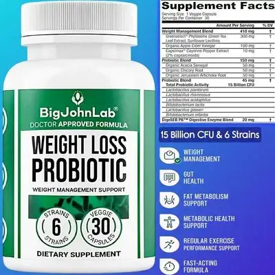 Probiotics for Weight Management & Bloating, 6 Strains Probiotics, 15 Billion CFU, Prebiotics, With Apple Cider Vinegar & Cayenne & Green Tea Extract, Supports Gut Health - Weight Management for Women & Men, 30 Caps probiotics