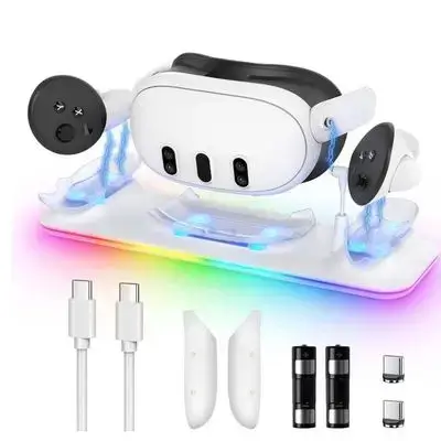 VR Charging Dock for Meta Quest 3, Fast Charging Station with Colorful RGB Light for Oculus Quest 3, Magnetic Charging Stand for VR Headset and Touch Controllers with 2 Rechargeable Batteries, White
