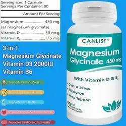 Magnesium Glycinate, 450mg, for Bone & Muscle Health, Supports Deep Sleep, Muscle Relaxation & Stress Relief, High Absorption, Magnesium Glycinate, magnesium, 90 Capsules magnesium