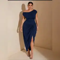 SHEIN BAE Plus Size Women's Navy Blue Stretch Knit Comfort Gathered Details Off-Shoulder Draped Dress - XL