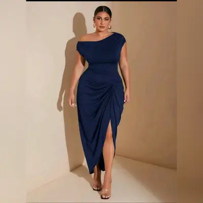SHEIN BAE Plus Size Women's Navy Blue Stretch Knit Comfort Gathered Details Off-Shoulder Draped Dress - XL