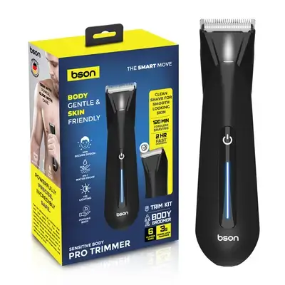 Bson Sensitive Body Pro Trimmer – Skin Secure Design, IPX7 Waterproof, LED Light, 6 Clipper Sizes, Travel Lock, 2H Fast Charging