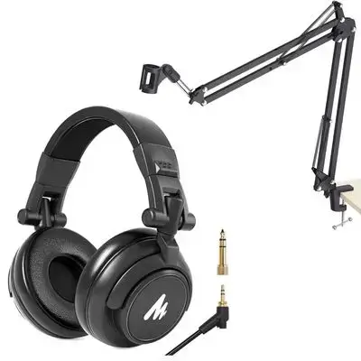 MAONO 50MM Drivers Studio Headphones AU-MH601 Over Ear Stereo Monitor Closed Back Headphones for Music, DJ, Podcast (Black) + Maono AU-B01 Microphone Suspension Boom Scissor Arm Stand (Black)