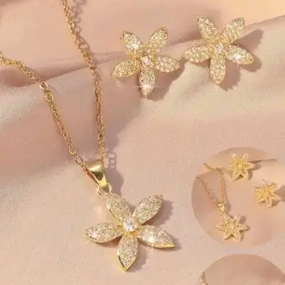 2pcs/Set Stainless Steel Necklace With Shiny Cubic Zirconia Inlaid 5-Petal