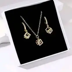 3D Cube Necklace with Earrings with Crystals