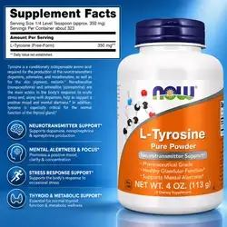 NOW Supplements, L-Tyrosine, L Tyrosine Powder, Free-Form, Neurotransmitters, Dopamine, Adrenaline, Thyroid Function, Stress, Mental Alertness, Amino Acid, 113g L Tyrosine