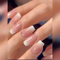 24pcs Short Coffin Shape Simple Pink & White Gradient Jelly Gel Press On Nails - Dusty Pink