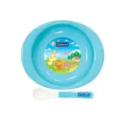 Flat Food Plate with Silicone Tip Spoon - Blue