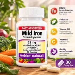 Webber Naturals Mild Iron 28 mg with Folic Acid, Vitamin B12 & Vitamin C – 30 Capsules