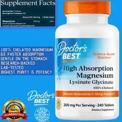 Doctor's Best High Absorption Magnesium Glycinate Lysinate, Sleep, relaxation, stress, Heart, Brain, Energy, Muscles, Cramps, Fully Chelated Magnesium, Women & Men, Calm & Relaxation, Vegan, magnesium glycinate, 240 Count magnesium