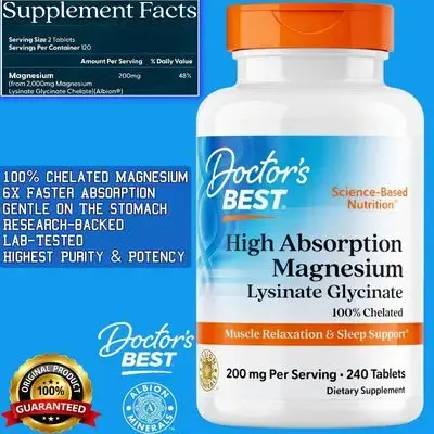 Doctor's Best High Absorption Magnesium Glycinate Lysinate, Sleep, relaxation, stress, Heart, Brain, Energy, Muscles, Cramps, Fully Chelated Magnesium, Women & Men, Calm & Relaxation, Vegan, magnesium glycinate, 240 Count magnesium