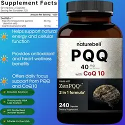 NatureBell PQQ with CoQ10-240 Capsules - 40mg Active PQQ with 10mg Coenzyme Q10 - Cellular Energy, Heart Health, & Brain Function Support* - Antioxidant Nutrients - Non-GMO - 3rd Party Tested