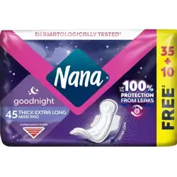 Nana Maxi Thick Goodnight Sanitary Pads Night Time, Super Heavy Flow, Maximum Absorption, Gentle on the skin - 45 Pads
