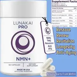 Lunakai, USA Made, 99% Pure NMN Supplement, 500mg, with- Resveratrol, TMG, Alpha Lipoic Acid, NAD+ Support, Healthy Aging, Cellular Energy & Longevity for Adults, Complete 6-in-1, NMN, 60 Capsules NMN
