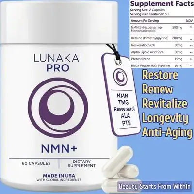 Lunakai, USA Made, 99% Pure NMN Supplement, 500mg, with- Resveratrol, TMG, Alpha Lipoic Acid, NAD+ Support, Healthy Aging, Cellular Energy & Longevity for Adults, Complete 6-in-1, NMN, 60 Capsules NMN