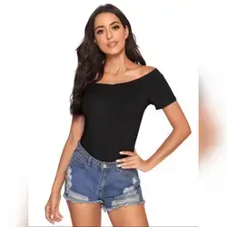 SHEIN Privé Off-The-Shoulder Form-Fitting Black Top - Large
