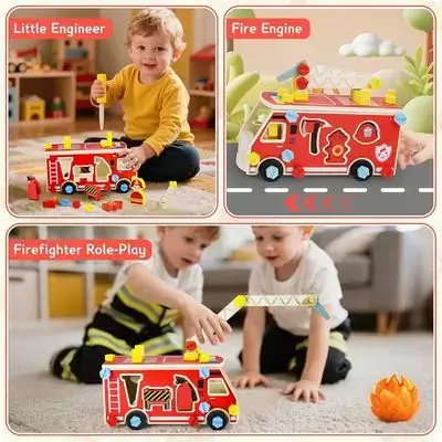 DIY wooden fire truck assembly set toy.