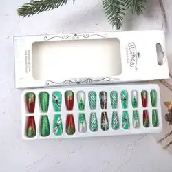 24Pcs Christmas Press on Nails Medium Coffin Fake Nails with Christmas Tree Design