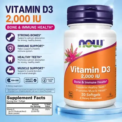 NOW Supplements, Vitamin D3 2000 IU, Vitamin D3, Vitamin D, D3 2000 IU, High Potency, Structural Support, Bones, Joints, Teeth, Immune System, hormones, Mood, 30 Softgels vitamin d3