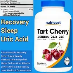 Nutricost, Tart Cherry Extract, 10:1 Extract, 3000mg Equivalent to Tart Cherry, tart cherry, Supports muscle recovery, sleep quality, lowers uric acid, gout, joints, 240 Caps tart cherry