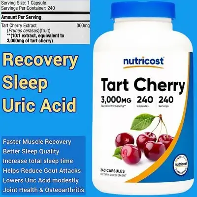 Nutricost, Tart Cherry Extract, 10:1 Extract, 3000mg Equivalent to Tart Cherry, tart cherry, Supports muscle recovery, sleep quality, lowers uric acid, gout, joints, 240 Caps tart cherry