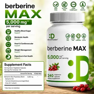 Berberine Max, Berberine with Turmeric, 5,000mg Per Serving, 97% Ultra Pure Berberine HCl, 20:1 Turmeric Root Extract, blood sugar & glucose, diabetes, cholesterol, weight management, digestive system, 240 Caps berberine 