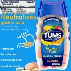 TUMS Antacid Tablets, for Stomach Relief, Heart burn, Sour Stomach, Acid Indigestion, Upset stomach, Calcium Carbonate, America's No.1 Antiacid, 72 Count antiacid