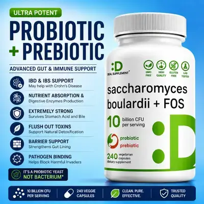 Probiotics Saccharomyces Boulardii + FOS Prebiotic, 10 Billion CFU, Survives the Stomach ACID and Biles, Superior Quality and Potency, probiotics, prebiotic, 240 Caps probiotic 
