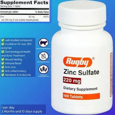 Zinc Sulfate 220 mg (50mg Pure Elemental Zinc), Made with Zinc Sulfate Heptahydrate - 100 Count zinc