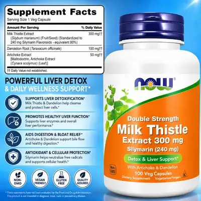 NOW Supplements, Milk Thistle Extract (Silymarin 80%), with Artichoke and Dandelion, Double Strength, Supports Liver Function, Liver Defense & Repair, Milk Thistle, 100 caps milk thistle 