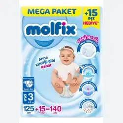 حفاضات مولفيكس للأطفال، 3 مقاسات متوسطة، 4-9 كجم، عبوة من 140 قطعة، عبوة كبيرة//Molfix Bebek Bezi 3 Beden Midi 4-9 Kg 140Lı Mega Paket