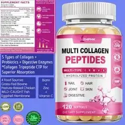 Multi Collagen Peptides, 2000mg Hydrolyzed Collagen Peptides, Type I II III V X with Hyaluronic Acid, Max Absorption with Vitamin C, Probiotics, Digestive Enzymes, Support Skin Hair Nail, 120 Softgels collagen