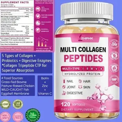 Multi Collagen Peptides, 2000mg Hydrolyzed Collagen Peptides, Type I II III V X with Hyaluronic Acid, Max Absorption with Vitamin C, Probiotics, Digestive Enzymes, Support Skin Hair Nail, 120 Softgels collagen