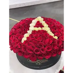 Round Box Of Red Flowers With Custom Letter, 190 Flowers
