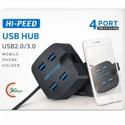 USB Hub 4 Port Mobile Holder Specifications ? • Type: 4‑Port USB2.0/3.0 Hi‑Speed Hub • Data Speed: Up to 5Gbps • Compatibility: Works with laptops, desktops, and smartphones • Design: Compact, durable, with built‑in mobile phone holder • Use: Fast data transfer and convenient phone stand
