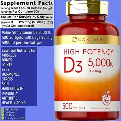 Vitamin D3 5000 IU, Vitamin D, High Potency, Bones, Joints, Teeth, Hormones, Immunity, Hair Growth, Heart, vitamin d3, Value Size, 500 Count Vitamin D3