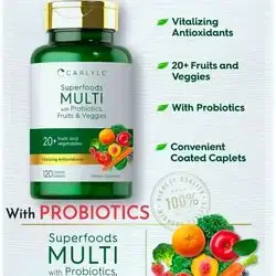 Superfoods Fruits and Veggies Supplement, Superfood Multivitamin with Probiotics, Made with 20 Fruits and Vegetables, probiotics, zinc, magnesium glycinate, vitamin D, b complex, b12, folate, Multivitamin, 120 Caplets