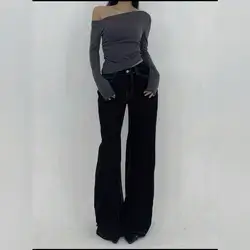 DAZY Women's Casual Contrast Stitch Wide Leg Jeans - Small